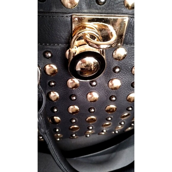 Black Leather Brass Studded Chain and Leather Handles Purse Satchel Tote - Picture 6 of 9